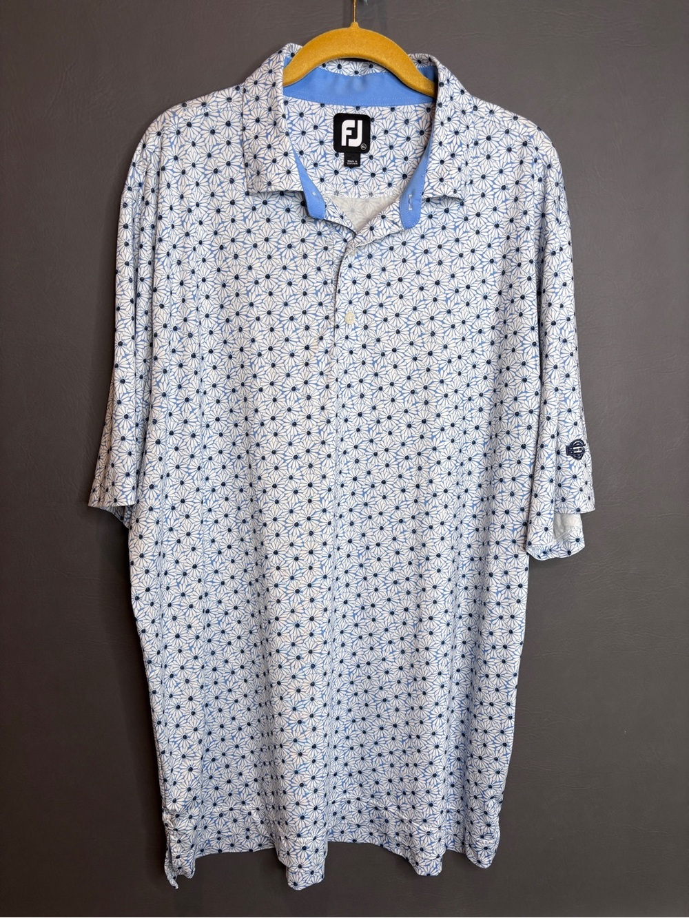 FootJoy White & Light Blue Geometric Print Golf Polo